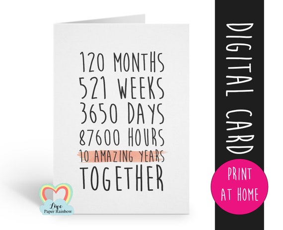 PRINTABLE 10th anniversary card, 10th wedding anniversary card, 10 years together, 10 amazing years, valentines card, gay anniversary card,