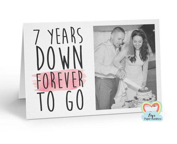personalised 7th anniversary card, 7 years down forever to go, 7th wedding anniversary, love paper rainbow, anniversary photo card
