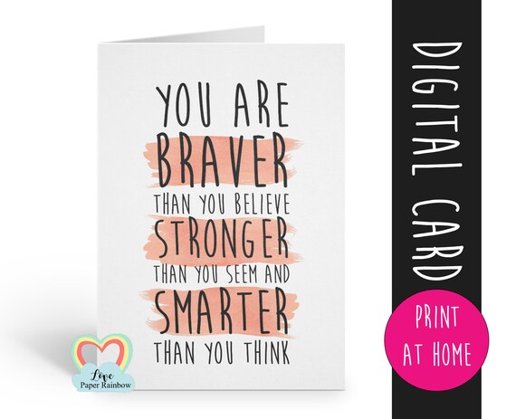 PRINTABLE you are braver than you believe, winnie the pooh quote, motivational card, inspirational quote, encouragement card, self esteem