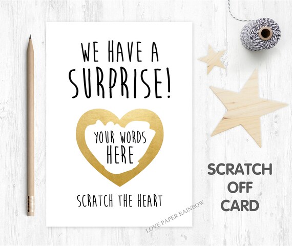 surprise card, surprise scratch card, we have a surprise card, pregnancy scratch card, birthday surprise card, I'm pregnant card,