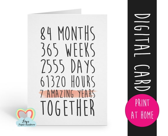 PRINTABLE 7th anniversary printable card template 7 amazing years together print at home instant download love paper rainbow digital card