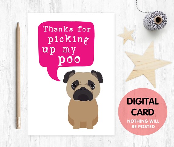 pug card, pug birthday card, pug mother's day card, pug father's day card, thanks for pickng up my poo, card from the dog, funny pug card