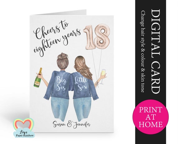 personalized sister birthday card printable big sister 18th birthday digital pdf custom little sister 18th printable card print at home