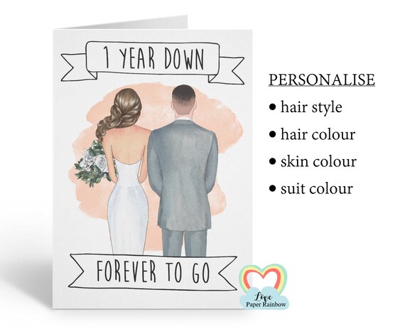 personalised 1st anniversary card, 1 year down forever to go, 1st wedding anniversary, love paper rainbow, anniversary photo card