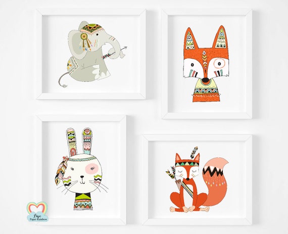 cute animal nursery prints, tribal nursery prints, woodland theme nursery, tribal animals, set of 4 nursery prints, fox, bear, elephant