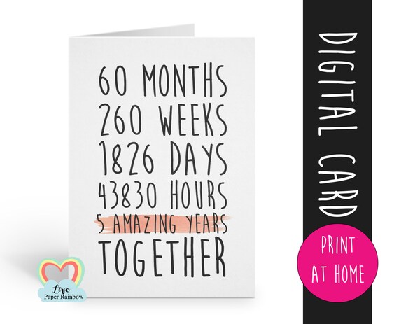 PRINTABLE 5th anniversary card, 5th wedding anniversary card, 5 years together, 5 amazing years, gay anniversary card, valentines card