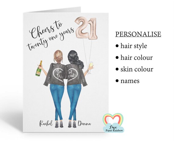 best friend 21st birthday card, personalised 21st birthday card, cheers to 21 years, personalised best friend birthday card, portrait card