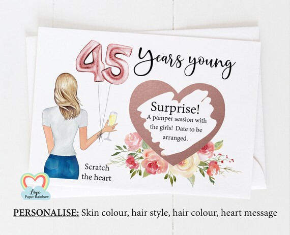 45th surprise card, personalised 45th birthday card, girl 45th birthday card, 45th birthday scratch card, scratch and reveal card,