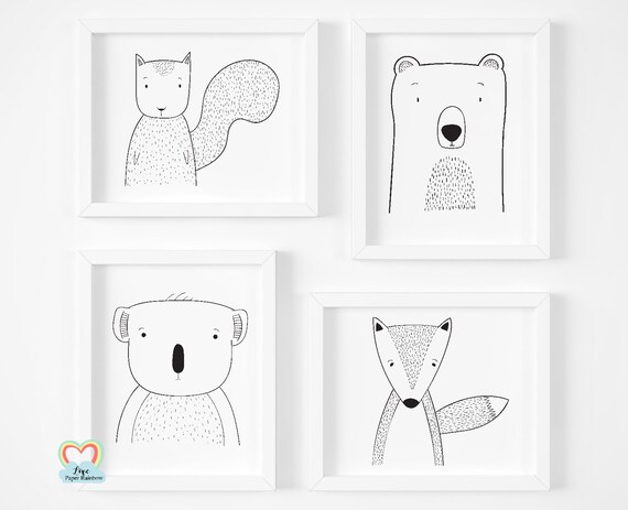 cute animal nursery prints, black and white nursery prints, zoo theme nursery, woodland animals, new baby gifts,