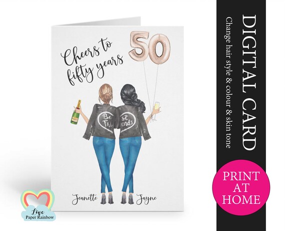 best friend 50th birthday card printable personalised 50th birthday card digital pdf cheers to 50 years custom portrait birthday card,