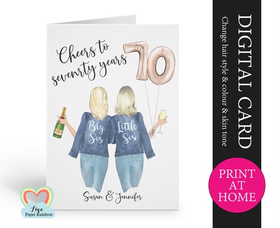 personalized 70th sister birthday card printable cheers to 70 years digital pdf custom little sister 70th printable card print at home