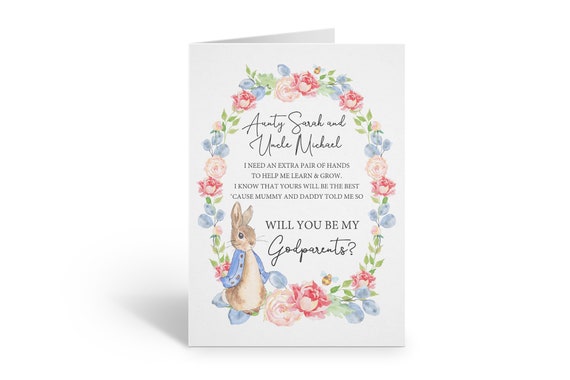 rabbit godparents card, will you be my godmother, i need an extra pair of hands, godfather poem, personalised godparent card, easter