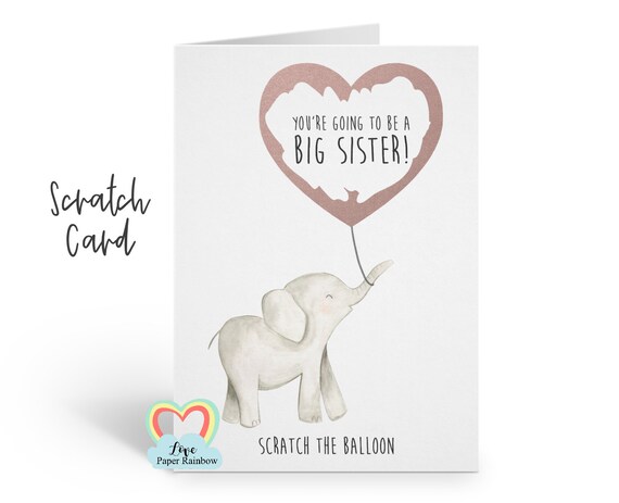 big sister scratch card, you're going to be a big sister, elephant big sister card, pregnancy announcement, big sister reveal, baby reveal