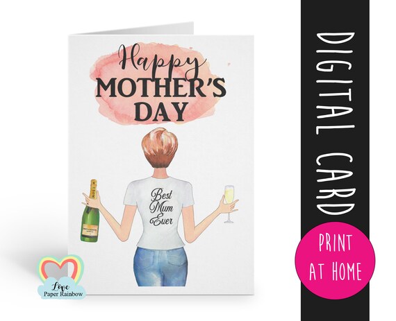 personalised mother's day card printable watercolour portrait custom hairstyles best mum ever digital download pdf love paper rainbow