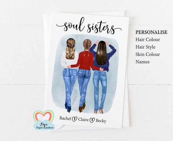 soul sisters card, 3 best friends card, best friends birthday card, personalised friendship card, personalised card, 3 friends birthday card
