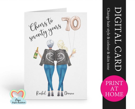 best friend 70th birthday card printable personalised 70th birthday card digital pdf cheers to 70 years custom portrait birthday card,