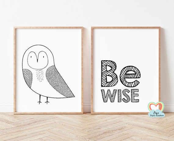 be wise nursery print, owl nursery print, black and white nursery prints, nursery quote, baby boy gift, woodland theme, cute nursery art