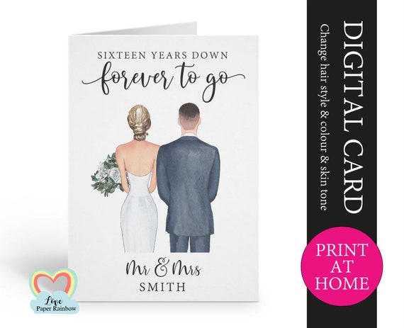 custom 16th anniversary card printable 16 years down forever to go personalized 16th anniversary digital file husband printable pdf