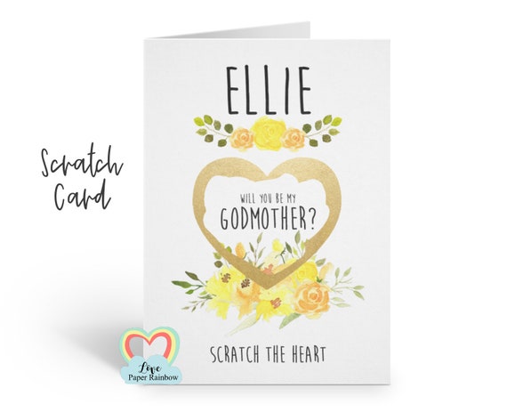 godmother scratch card, will you be my godmother, godmother proposal, scratch and reveal godmother card yellow flowers watercolour floral