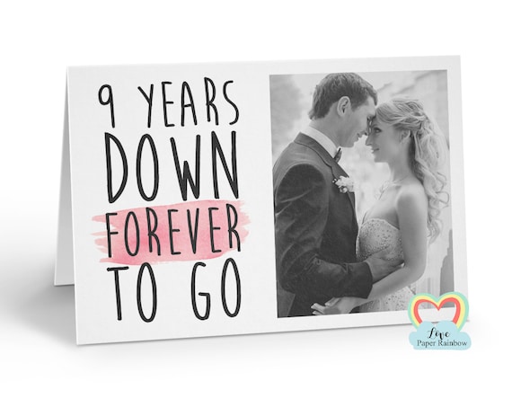 personalised 9th anniversary card, 9 years down forever to go, 9th wedding anniversary, love paper rainbow, anniversary photo card