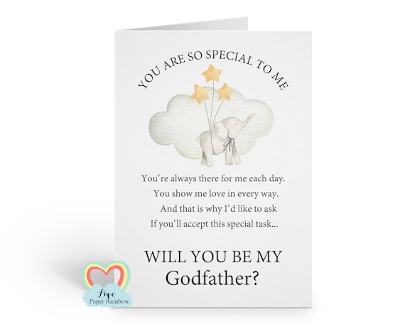 cute godmother card, will you be my godparents, elephant godmother card, godfather proposal, will you be my guide parent, godmother poem
