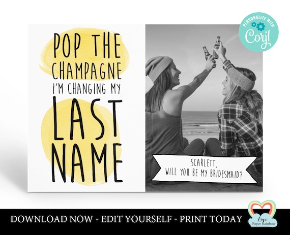 maid of honour card instant download pop the champagne bridesmaid proposal editable maid of honour card template corjl photo card