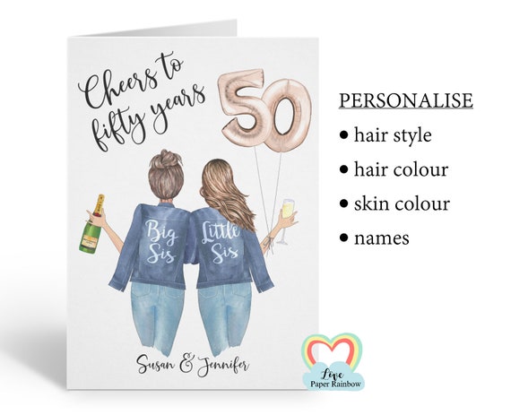 sister 50th birthday card, personalised 50th birthday card, cheers to 50 years, personalised sister birthday card, little sister birthday