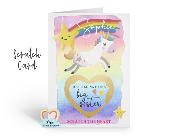 you're going to be a big sister card, big sister scratch card, big sister reveal, unicorn big sister card, pregnancy announcement