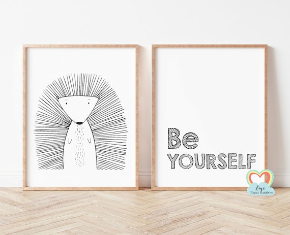 be yourself nursery print, porcupine nursery print, black and white nursery prints, nursery quote, baby boy gift, zoo theme nursery