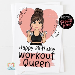 sportschool verjaardagskaart AFDRUKBAAR, sportschool meisje verjaardagskaart diy, workout koningin, personal trainer verjaardag digitale kaart PT verjaardagskaart download