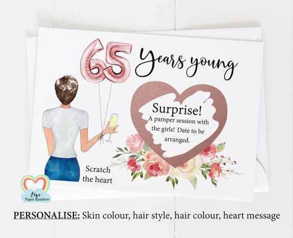 65th surprise card, personalised 65th birthday card, girl 65th birthday card, 65th birthday scratch card, scratch and reveal card,
