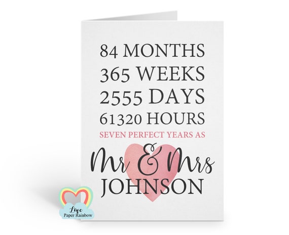7th wedding anniversary card | 7th anniversary | personalised anniversary card | 7 perfect years | 7 years together | mr and mrs | hours