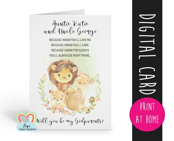 godparents card printable | lion godparents card | godparents proposal | digital download | custom godparents card | godparents poem