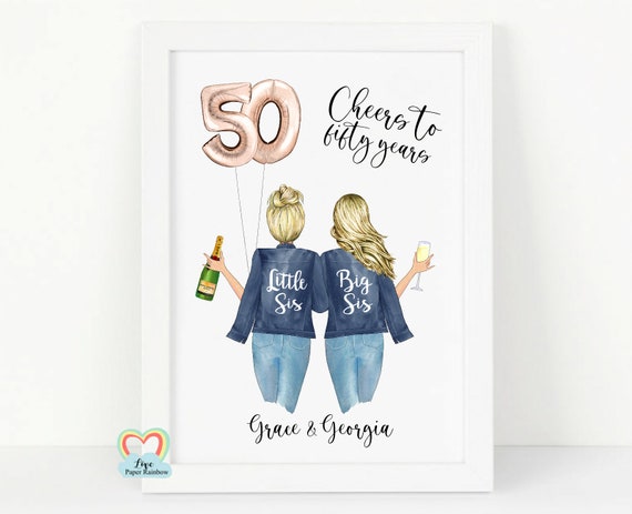 sister 50th birthday print, personalised 50th birthday gift, sister 50th birthday gift, big sis little sis, sister birthday print
