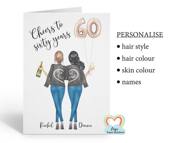 best friend 60th birthday card, personalised 60th birthday card, cheers to 60 years, personalised best friend birthday card, portrait card