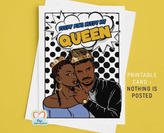 african american anniversary card afro couple printable card every king needs his queen black carribean man and woman BLM king and queen