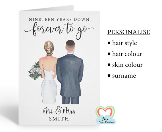 19th anniversary card, 19th wedding anniversary card, 19 years down forever to go, personalised 19th anniversary, love paper rainbow