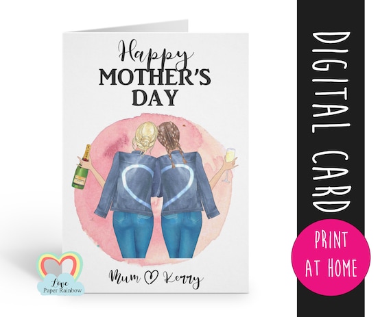personalised mother's day card printable portrait custom hairstyles mum and daughter card digital download pdf love paper rainbow