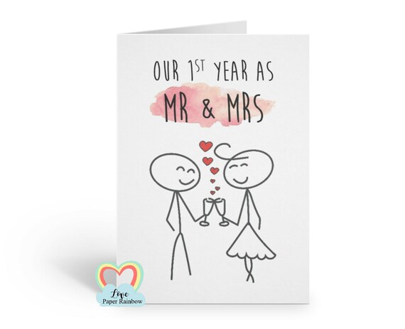 1st wedding anniversary, 1st wedding anniversary card, mr and mrs card, first anniversary, champagne, custom anniversary card