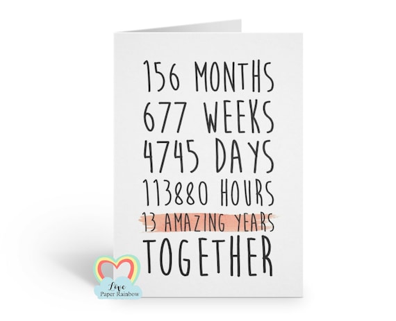 13th anniversary card, 13th wedding anniversary card, 13 years together, 13 amazing years, valentines card, gay anniversary card