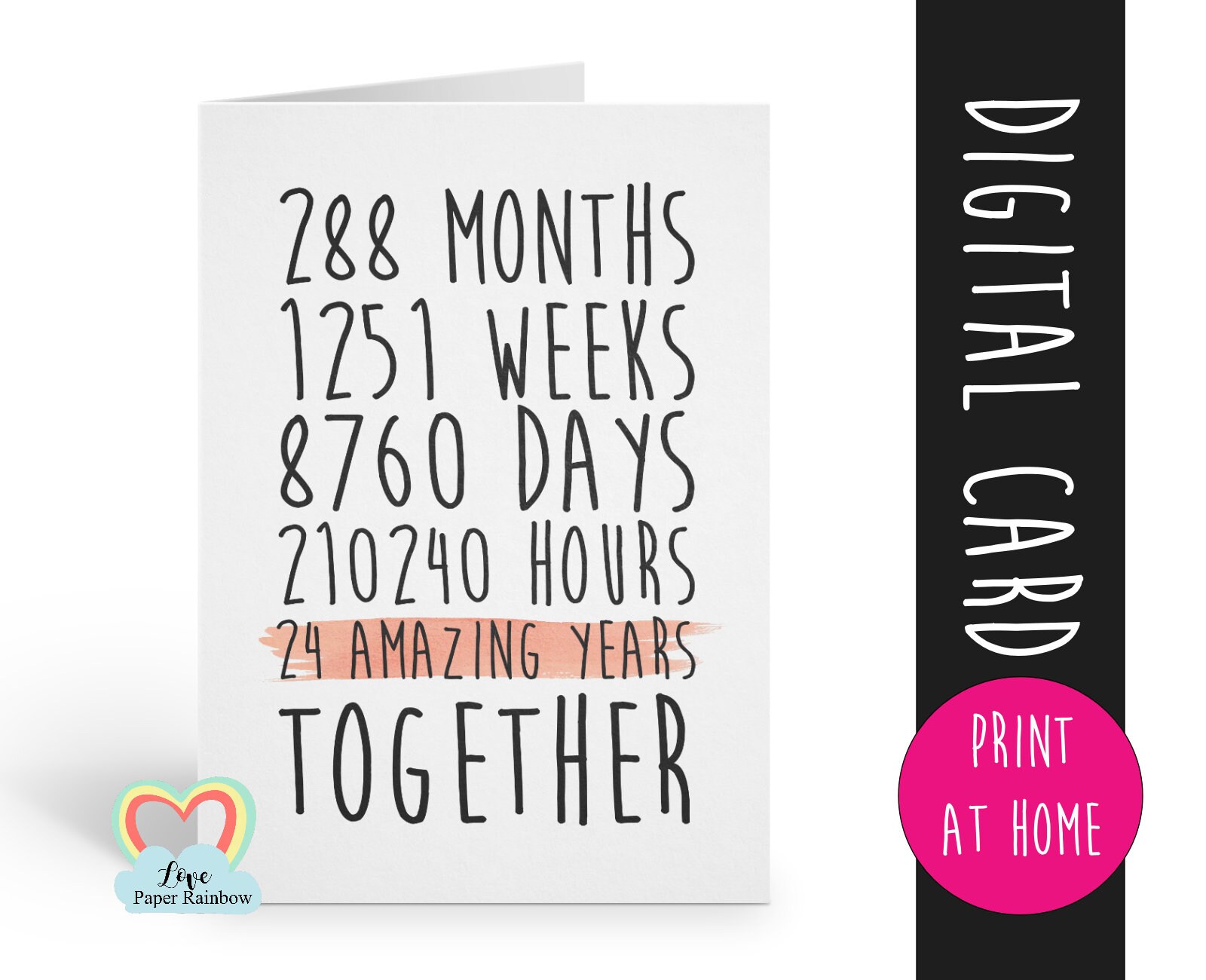 PRINTABLE 24th anniversary card, 24 amazing years, mr and