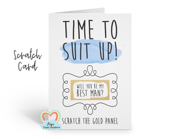 will you be my best man scratch card, funny best man proposal, will you be my usher, time to suit up, love paper rainbow, funny usher card