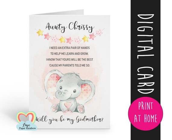 godmother card printable | elephant godmother card | godmother proposal | digital download | custom godmother card | godmother poem