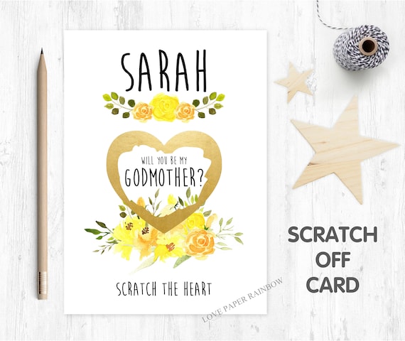 godmother scratch card, will you be my godmother, godmother proposal, scratch and reveal godmother card yellow flowers watercolour floral