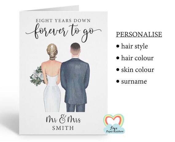 personalised 8th wedding anniversary card, personalised anniversary card, 8 years down forever to go, personalised couples card, mr and mrs