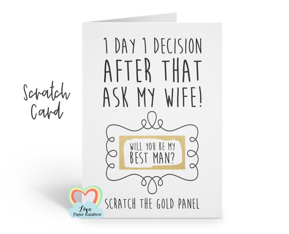 will you be my best man scratch card, funny best man proposal, will you be my usher, one day one decision, love paper rainbow, funny usher
