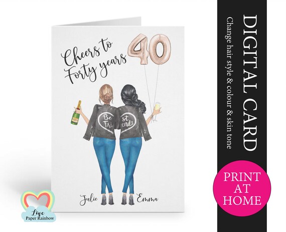best friend 40th birthday card printable personalised 40th birthday card digital pdf cheers to 40 years custom portrait birthday card,