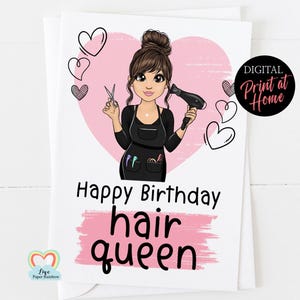 carte d'anniversaire de coiffeur IMPRIMABLE, carte d'anniversaire de reine des cheveux, carte d'anniversaire de bricolage de coiffeur, carte d'anniversaire numérique de coiffeur
