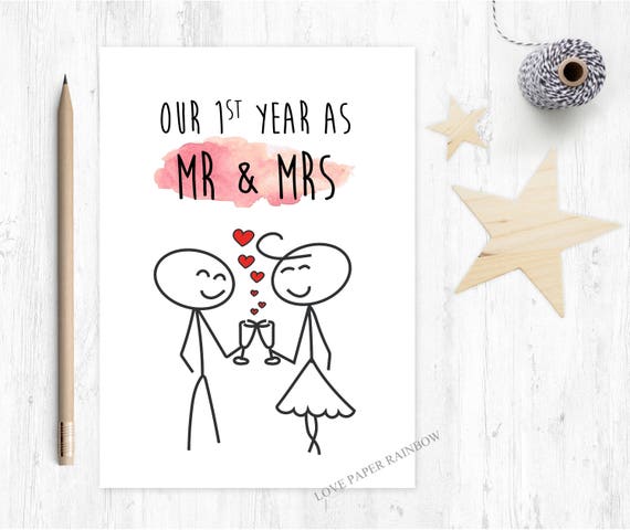 1st wedding anniversary, 1st wedding anniversary card, mr and mrs card, first anniversary, champagne, custom anniversary card
