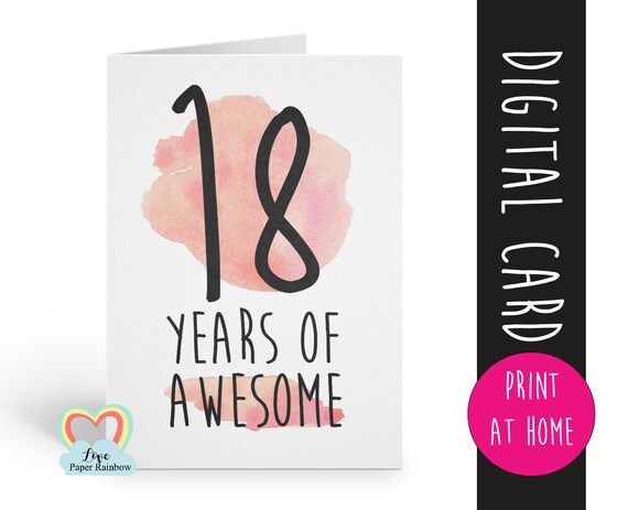 PRINTABLE 18th birthday card, birthday card printable, instant download birthday card, 18 years of awesome, funny 18th birthday card digital